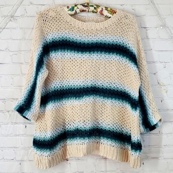 J. Jill Tops - J Jill Sweater Womens Medium Beige Blue Striped Linen Blend Open Knit Beach Boho